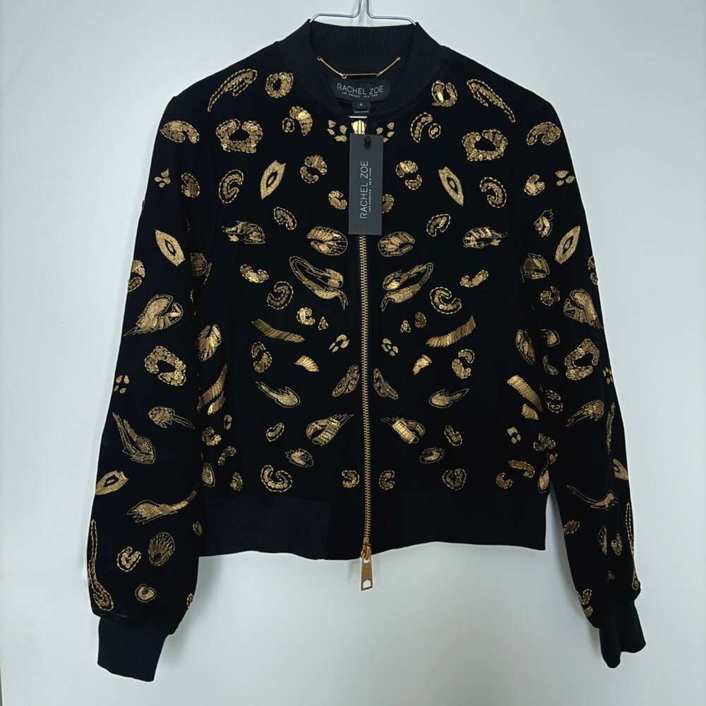 Rachel Zoe Embellished Black Suede Jacket Size 4 - Fate Gold Sequin Bomber